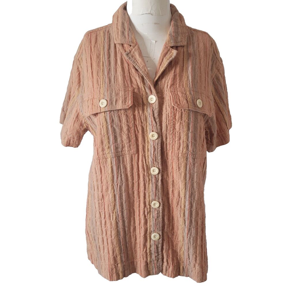 Madewell XS button front top liinen shirt crepe texture pockets collar striped